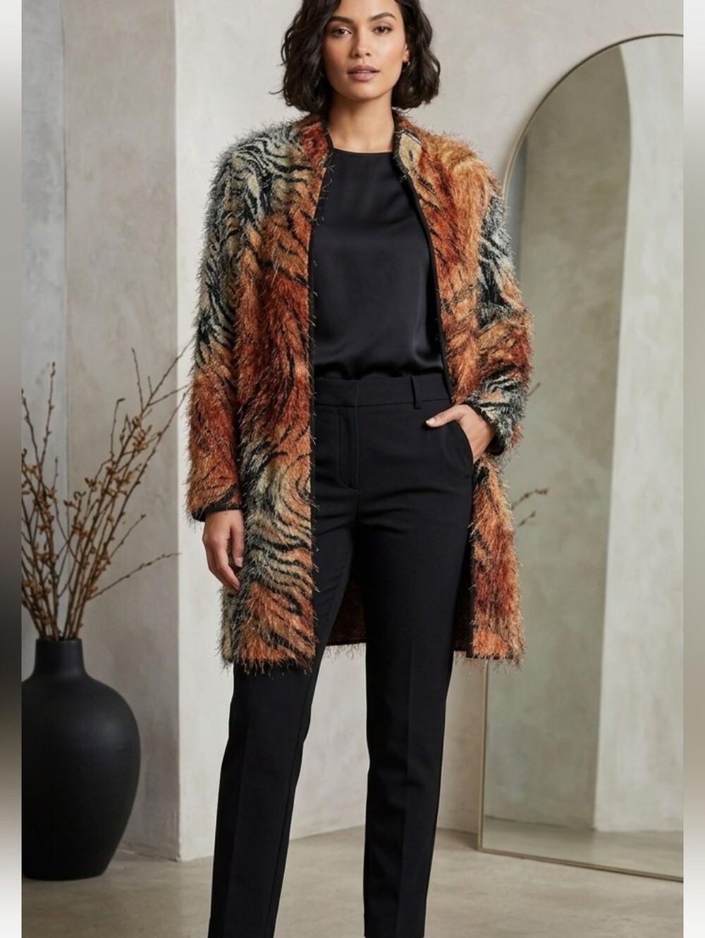 Mlle Gabrielle Black and Brown Tiger Striped Fluffy Lightweight Jacket